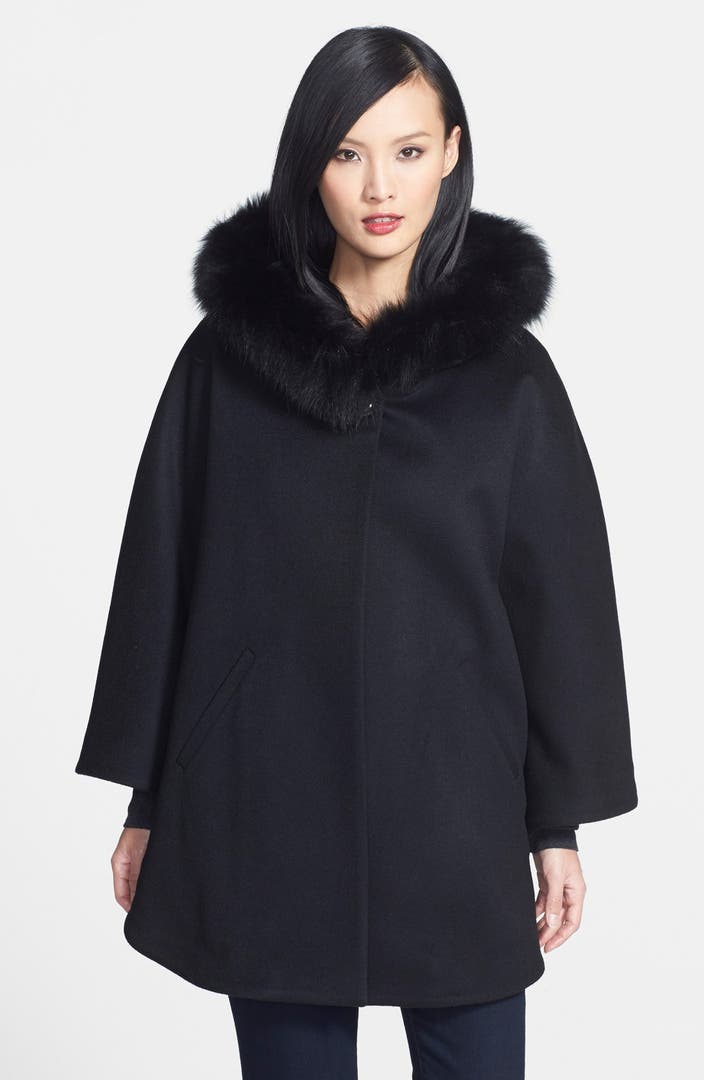 Sofia Cashmere Genuine Fox Fur Trim Hooded Wool & Cashmere Capelet ...