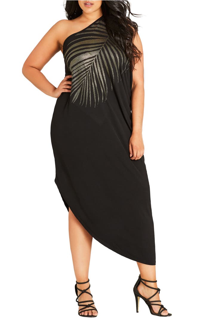 City Chic Shimmer Palm One-Shoulder Maxi Dress (Plus Size) | Nordstrom