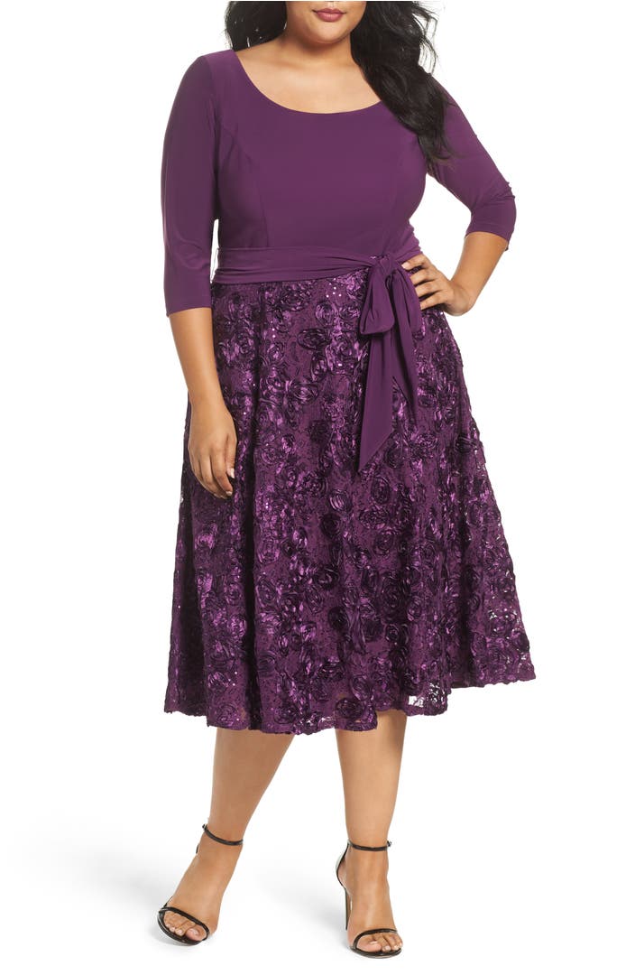 Alex Evenings Tea Length Jersey & Rosette Lace Dress (Plus Size ...