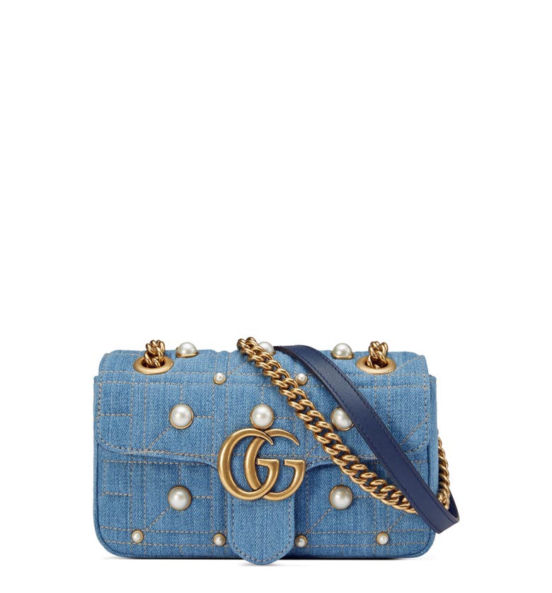 Gucci GG Marmont 2.0 Imitation Pearl Embellished Denim Crossbody Bag | Nordstrom