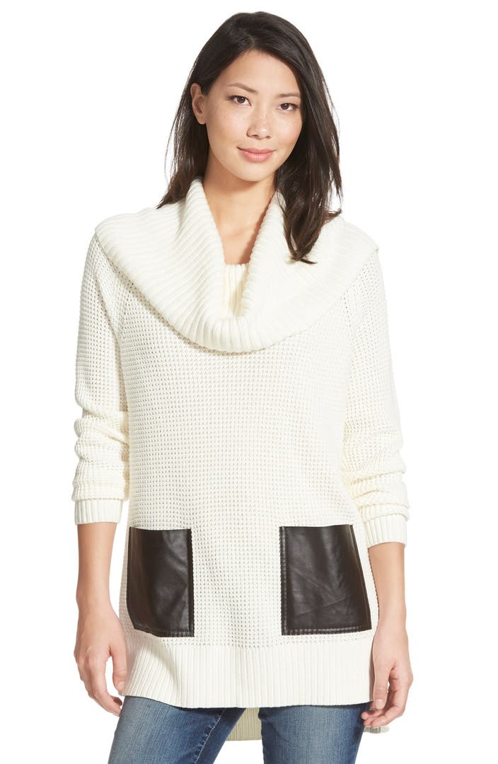 MICHAEL Michael Kors Faux Leather Pocket Cowl Neck Sweater (Regular ...