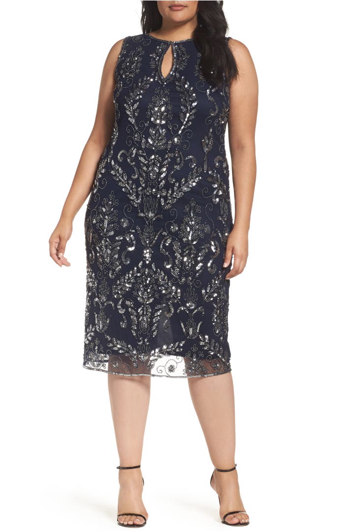 Pisarro Nights Embellished Tea Length Sheath Dress (Plus Size) | Nordstrom