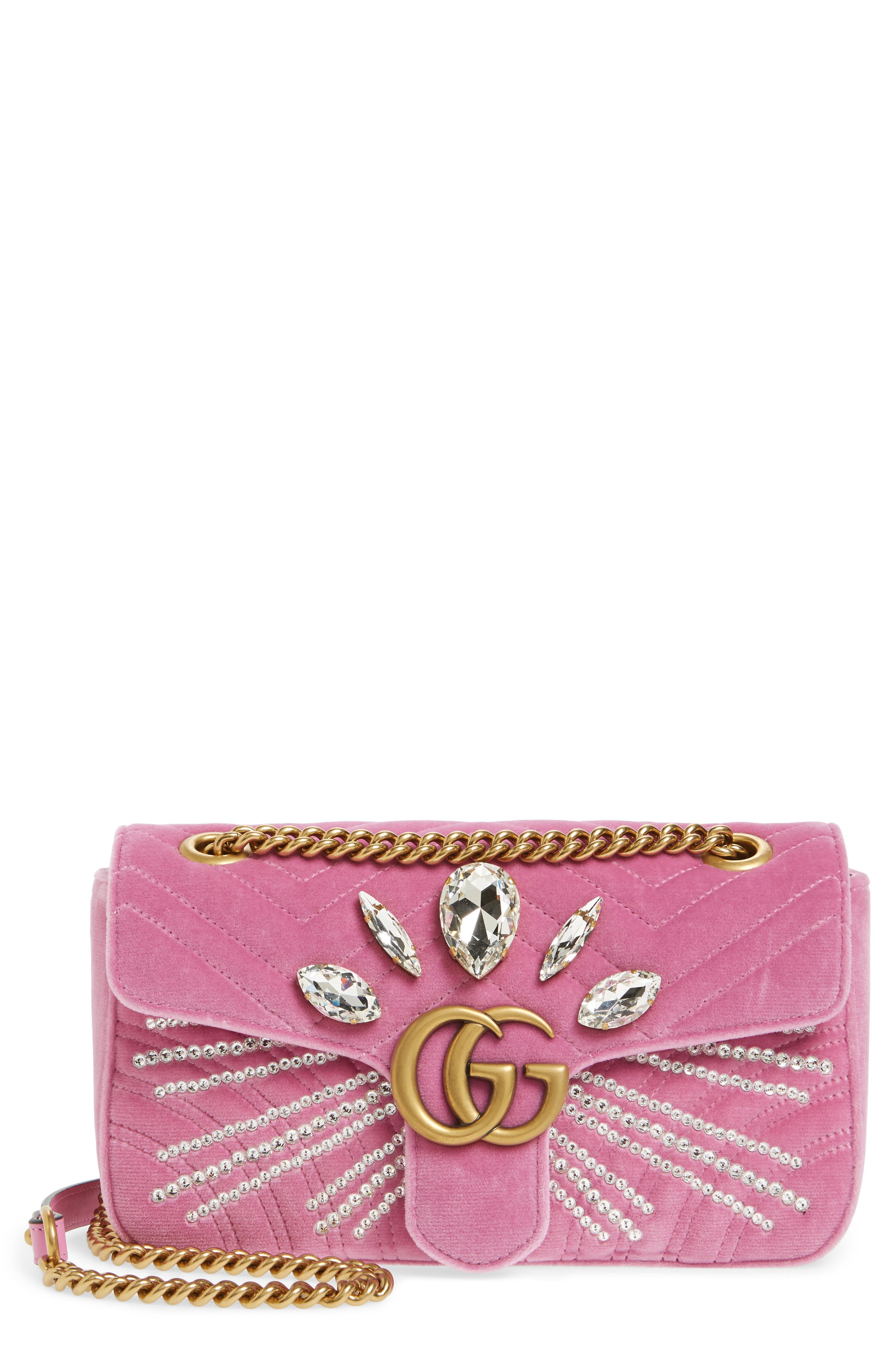 Gg Marmont Crystal Embellished Velvet Crossbody Bag - Pink In Malva/ Pink/ Crystal | ModeSens