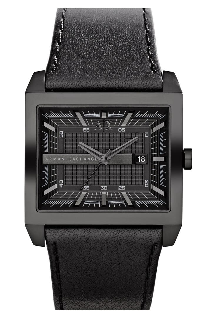 AX Armani Exchange Rectangular Leather Strap Watch, 43mm x 36mm | Nordstrom