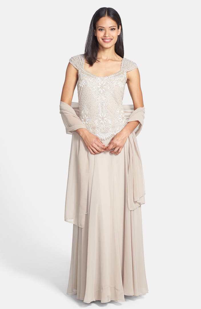 J Kara Embellished Bodice Chiffon Gown with Shawl (Regular & Petite ...