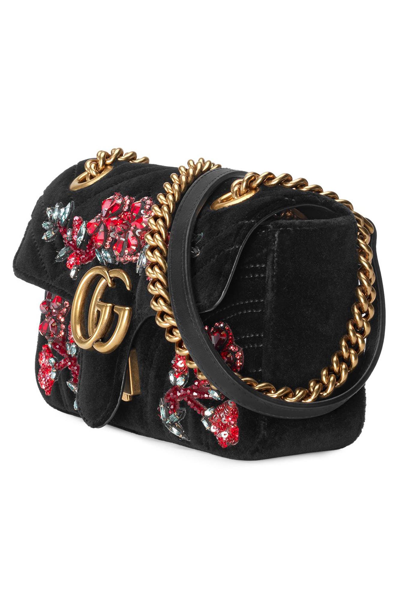 Gucci Gg Marmont Small Crystal-Embellished Velvet Shoulder Bag In Black | ModeSens