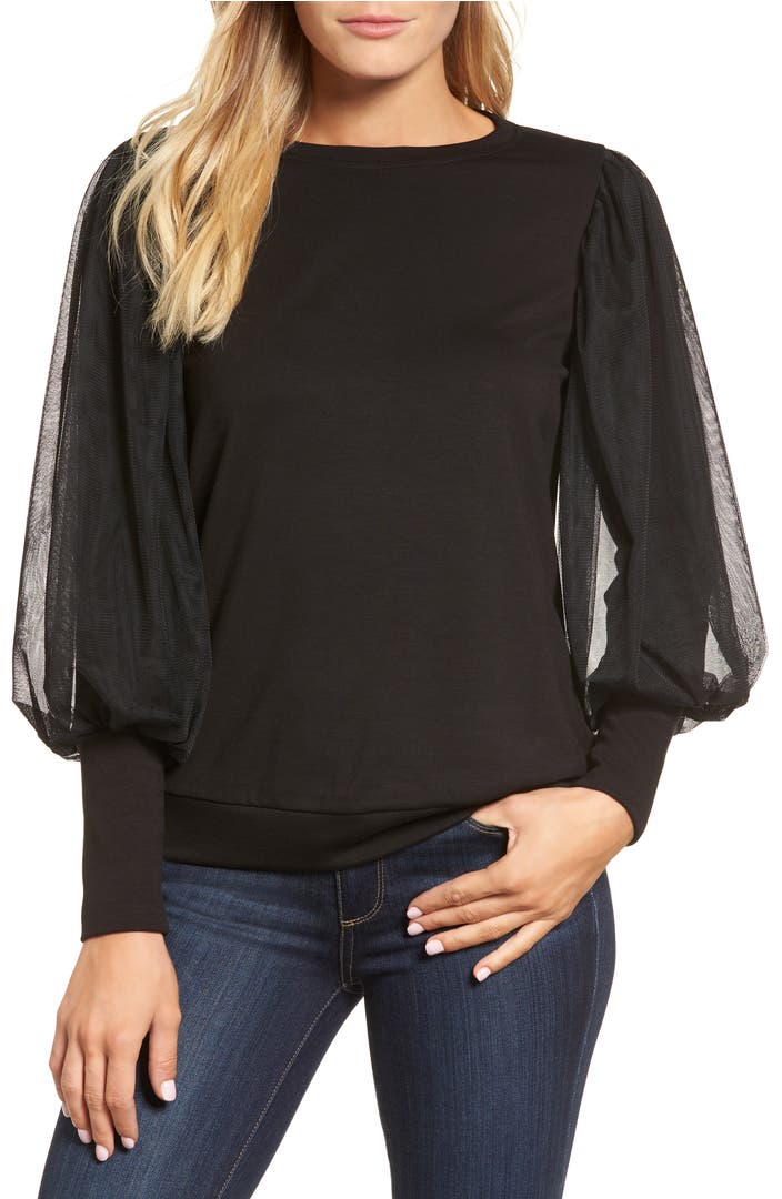 Gibson Mesh Bishop Sleeve Ponte Top | Nordstrom