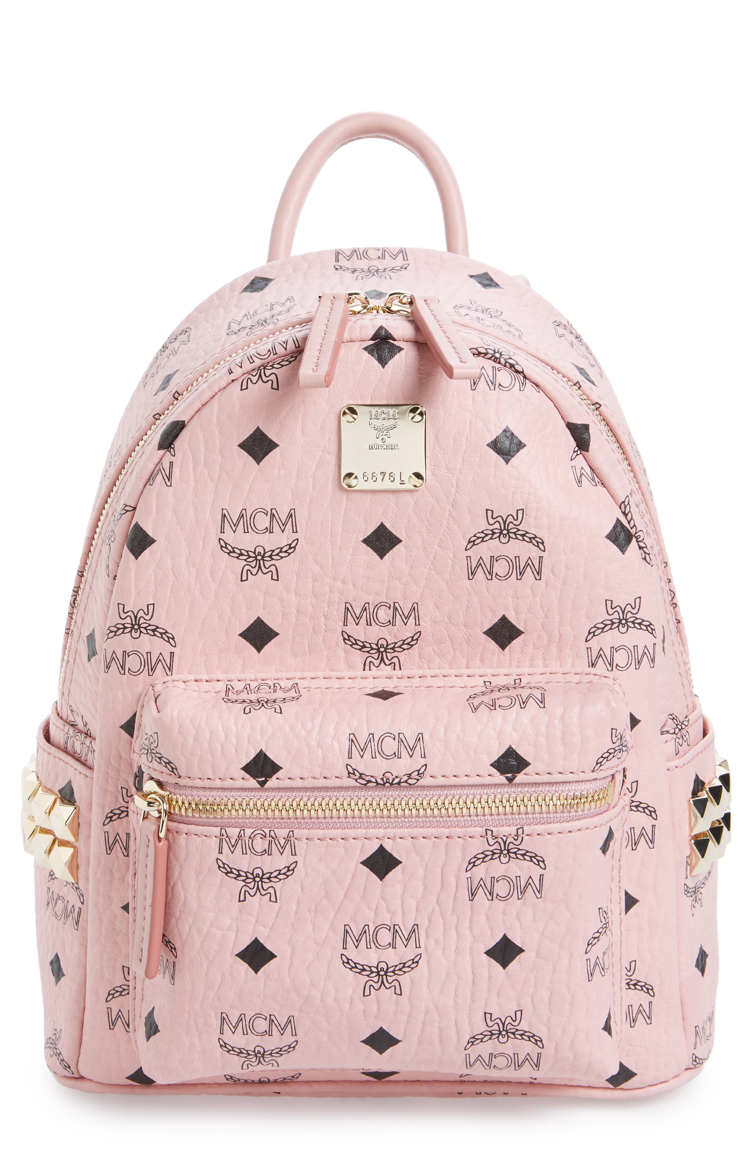 MCM Small Stark Backpack In Side Studded Visetos In Soft Pink, Soft ...