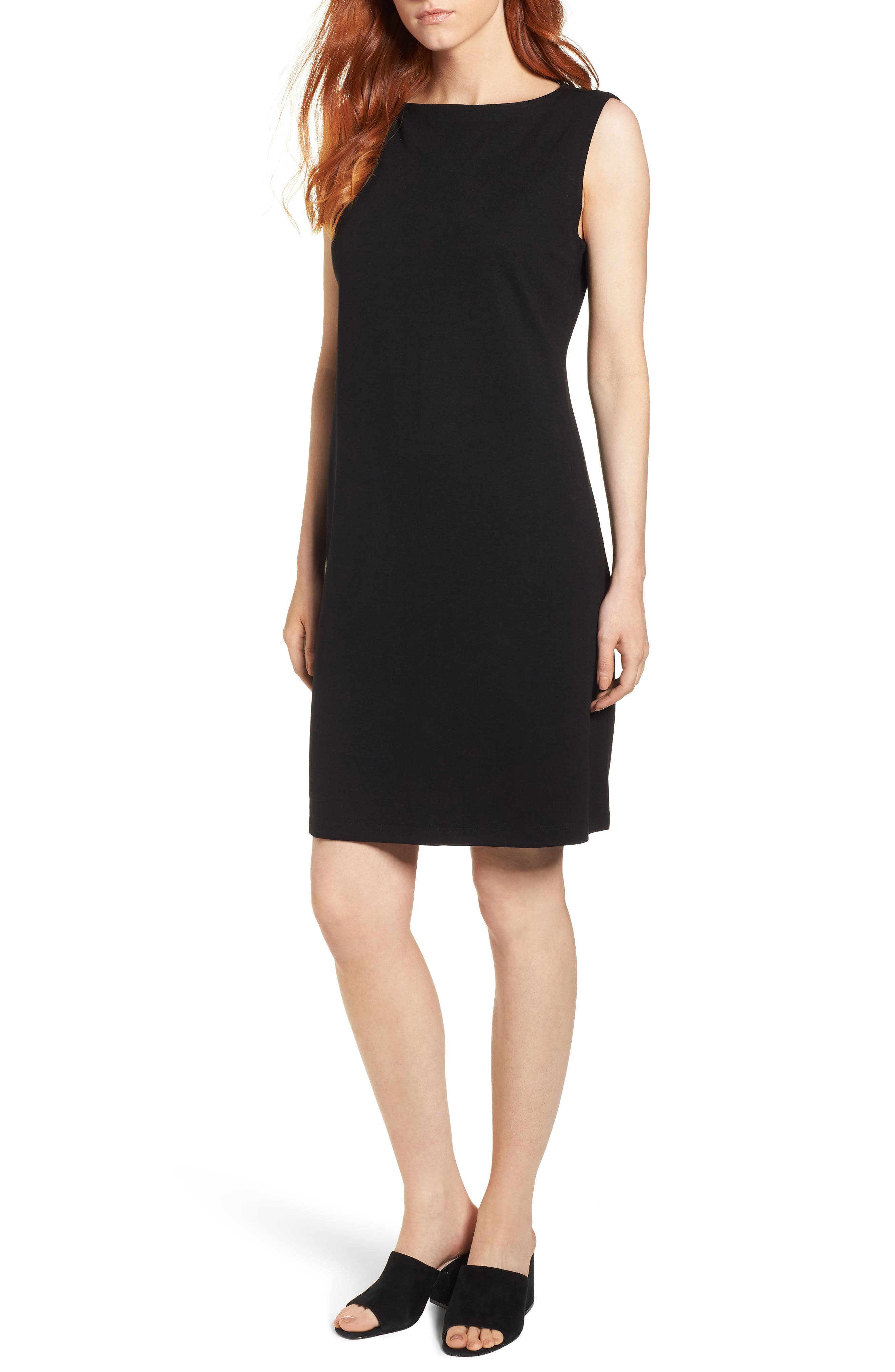 Eileen Fisher Tencel Ponte Boat-neck Shift Dress In Black | ModeSens