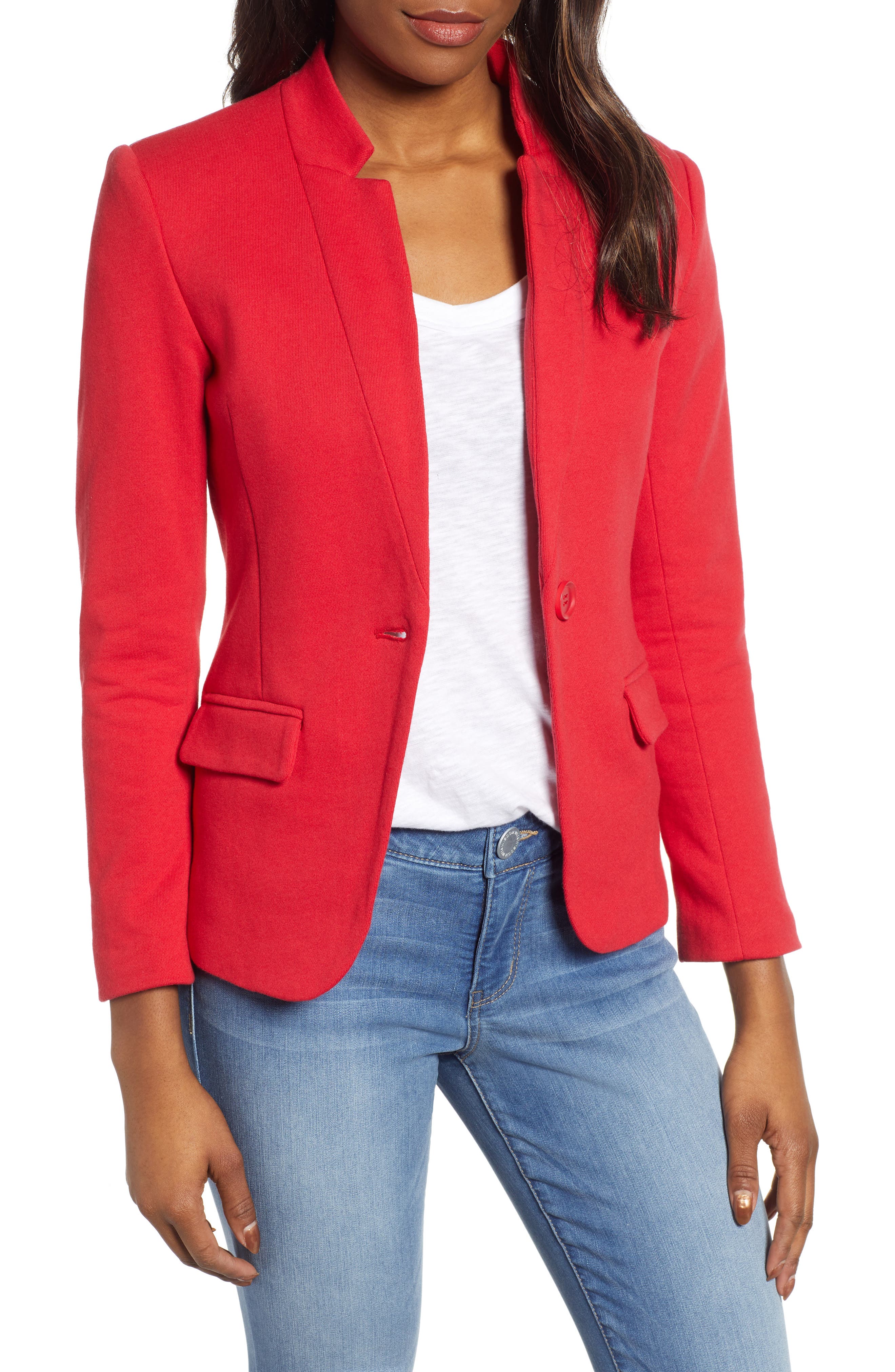 red blazer and jeans