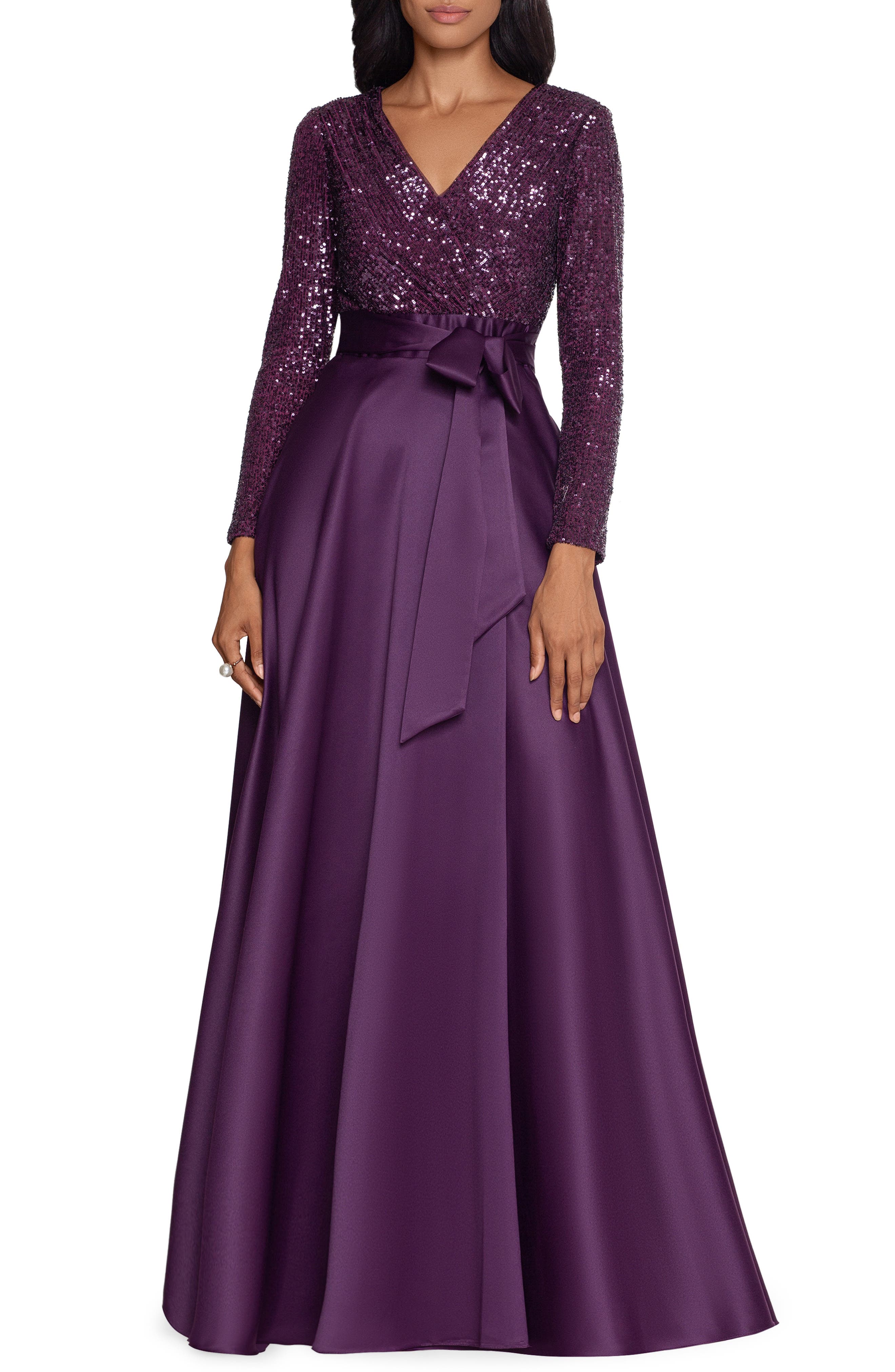 xscape embellished mock wrap gown