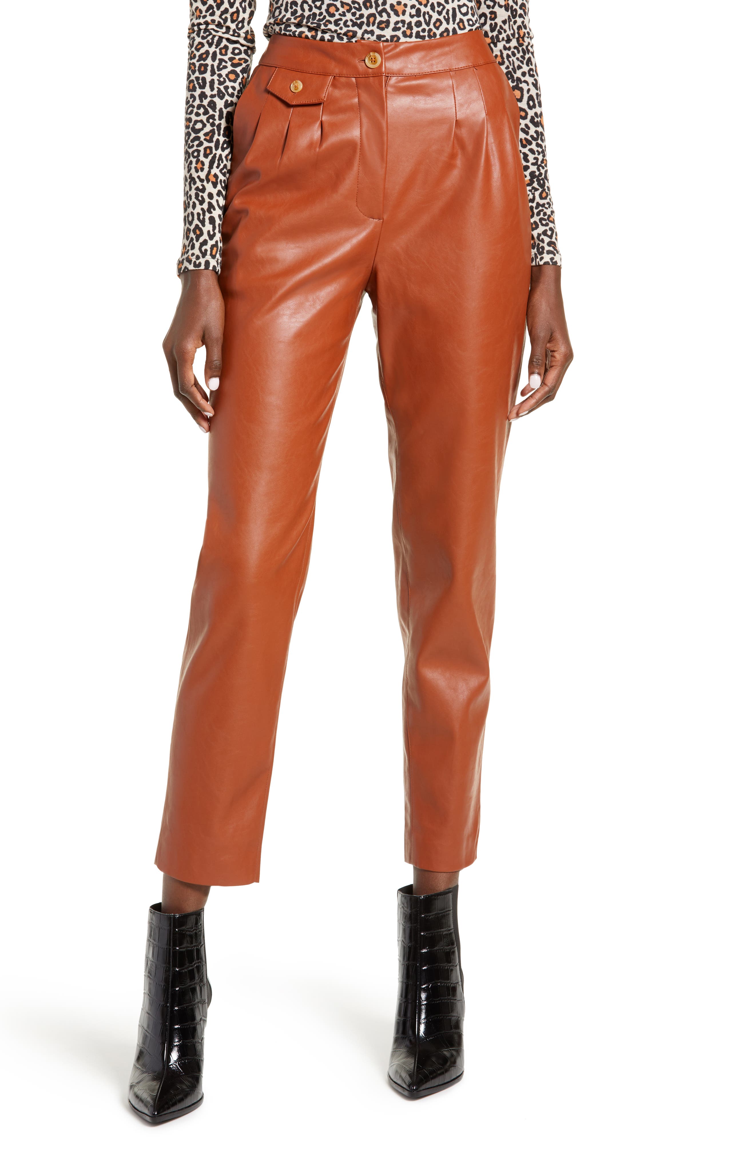 orange patent leather pants