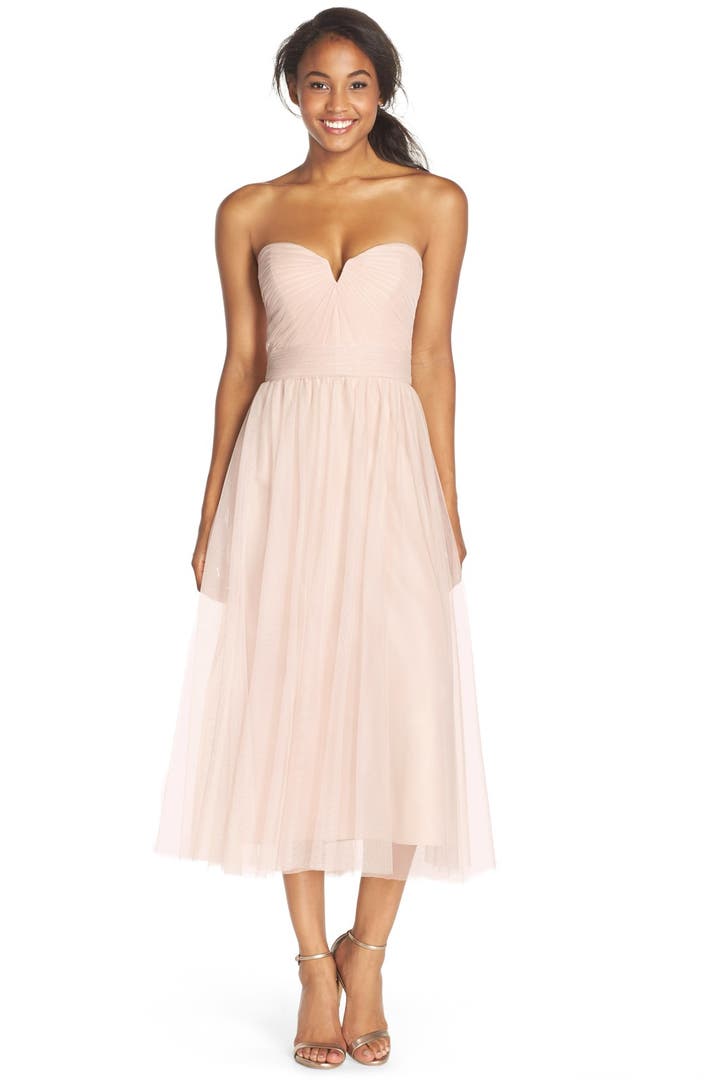 Amsale Pleat Tulle Strapless Tea Length Dress | Nordstrom