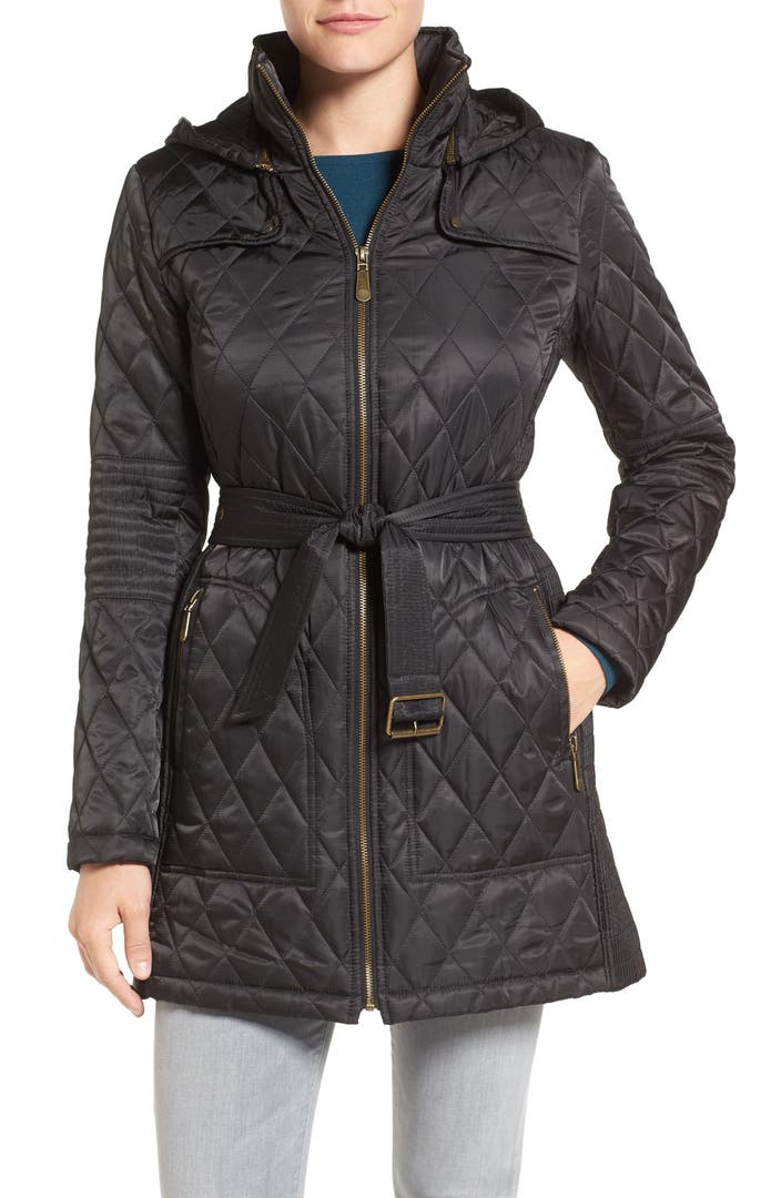 Vince Camuto Belted Mixed Quilted Coat with Detachable Hood | Nordstrom