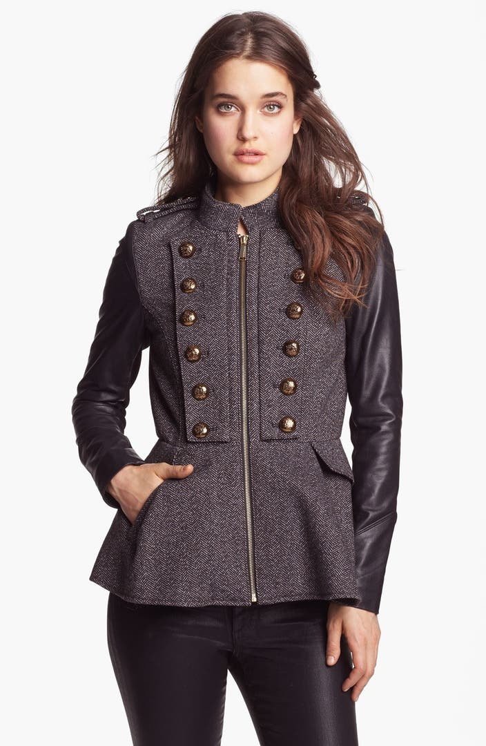 BCBGeneration Tweed & Faux Leather Military Jacket | Nordstrom