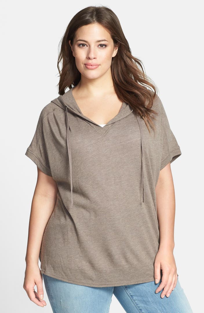 Sejour Short Sleeve Slub Knit Pullover Hoodie (Plus Size) | Nordstrom