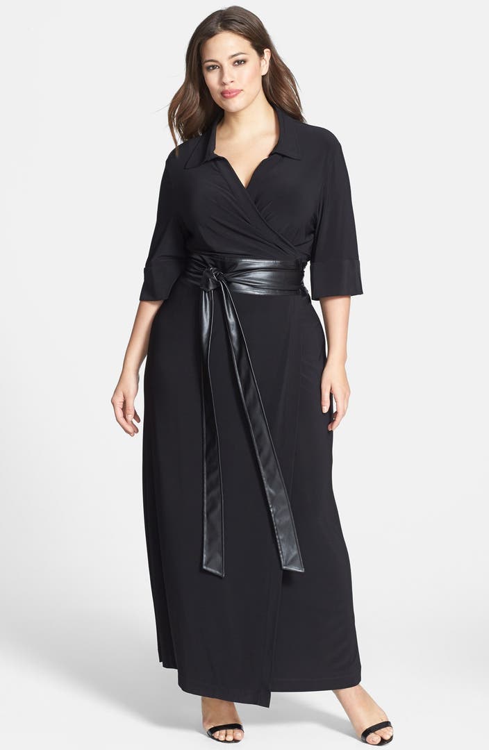 Taylor Dresses Faux Leather Belted Maxi Wrap Dress (Plus Size) | Nordstrom