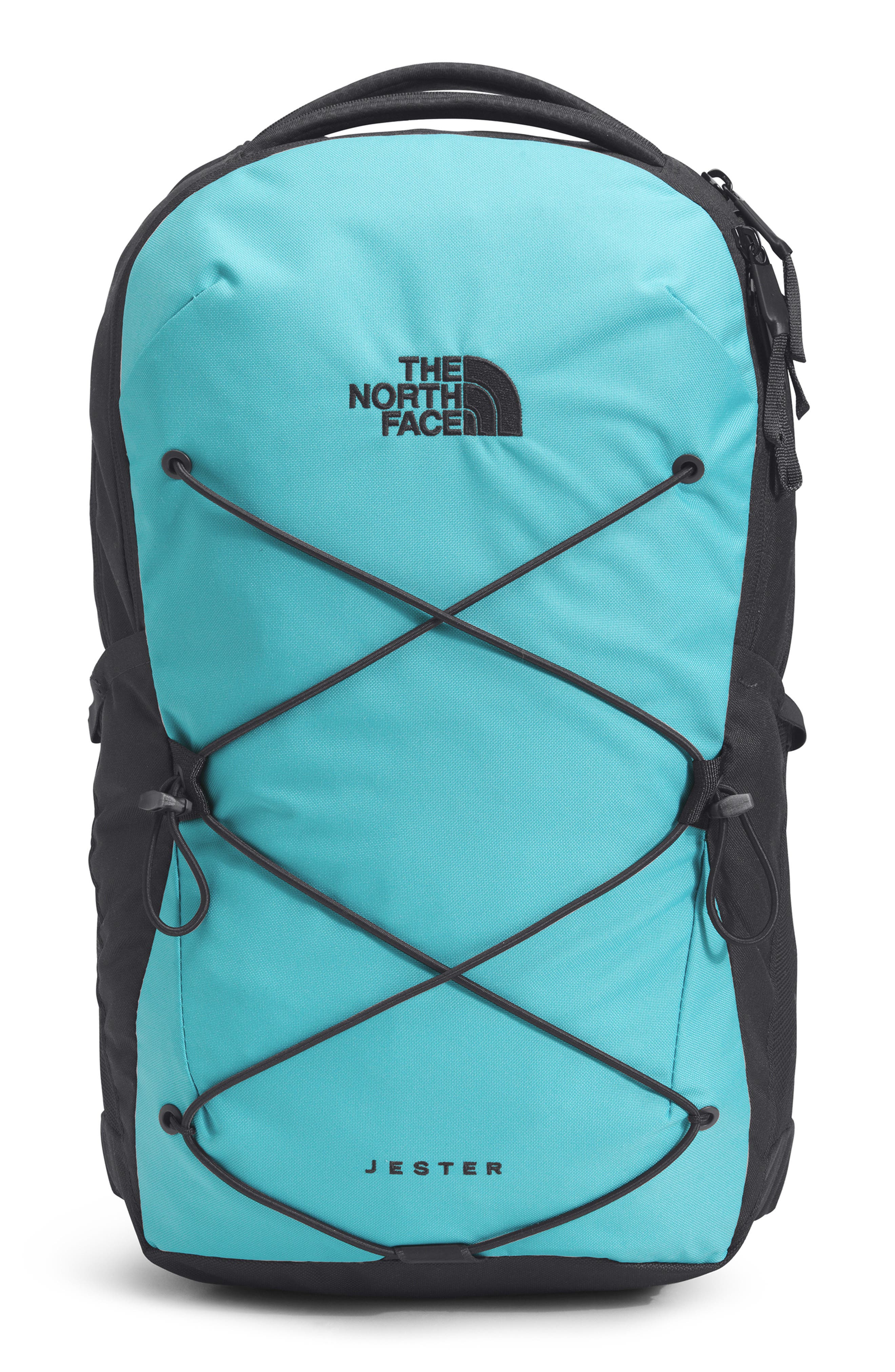 white and blue north face backpack