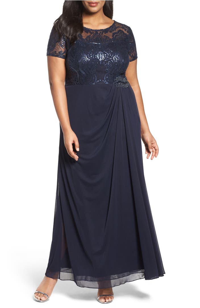 Alex Evenings Sequin Lace & Chiffon Ruched Long Dress (Plus Size ...