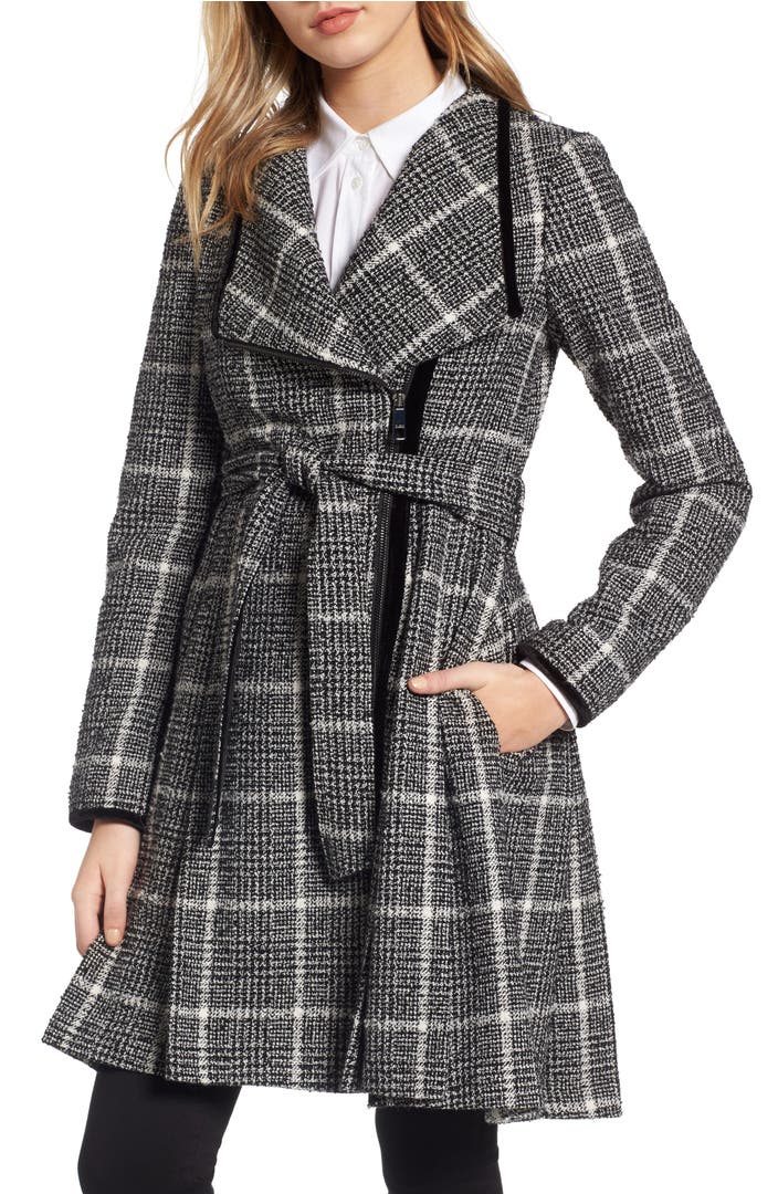 GUESS Velvet Trim Plaid Tweed Coat | Nordstrom