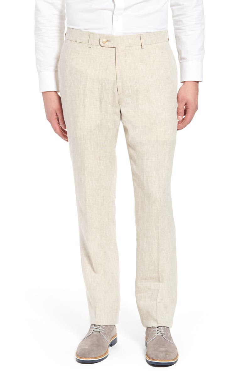 Andrew AIM Flat Front Linen Trousers, Main, color, Natural