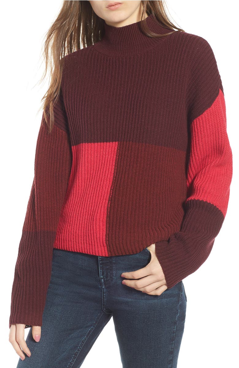 Mock Neck Colorblock Sweater,
                        Main,
                        color, Red Rumba Colorblock