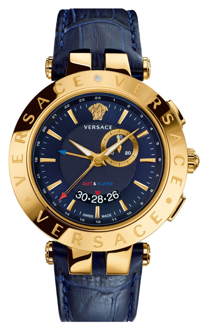 Versace 'V-Race GMT' Round Leather Strap Watch, 46mm | Nordstrom