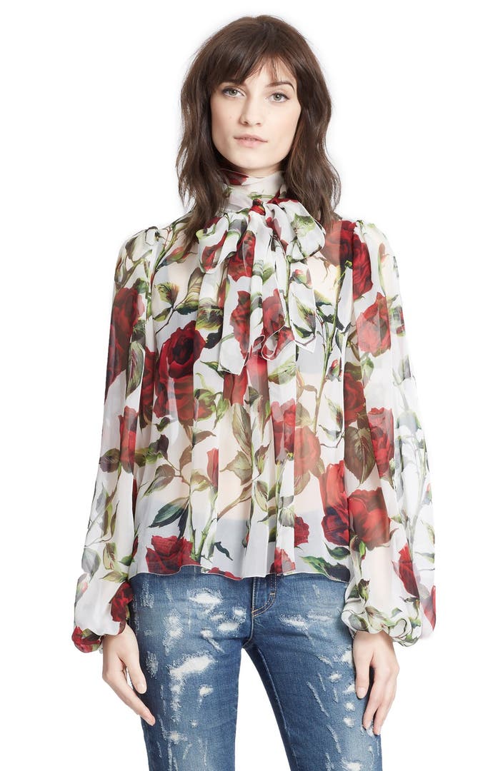 Dolce&Gabbana Tie Neck Rose Print Chiffon Blouse | Nordstrom
