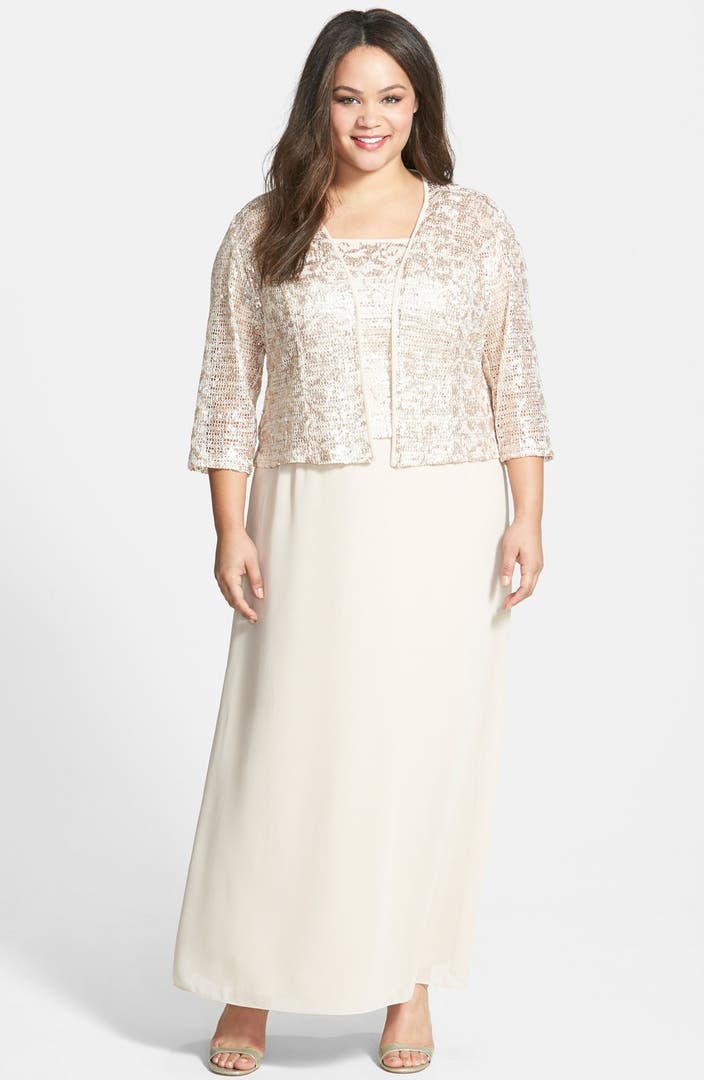 Alex Evenings Sequined Lace & Georgette Long Dress with Jacket (Plus