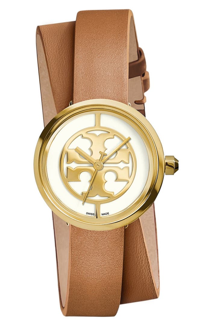Tory Burch 'Reva' Logo Dial Double Wrap Leather Strap Watch, 28mm ...
