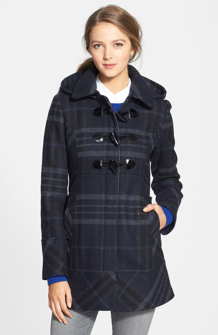 GUESS Plaid Toggle Front Coat with Removable Hood (Regular & Petite ...