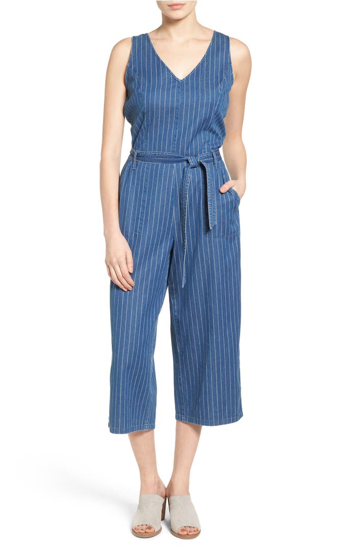 Two by Vince Camuto Belted Stripe Denim Culotte Jumpsuit | Nordstrom