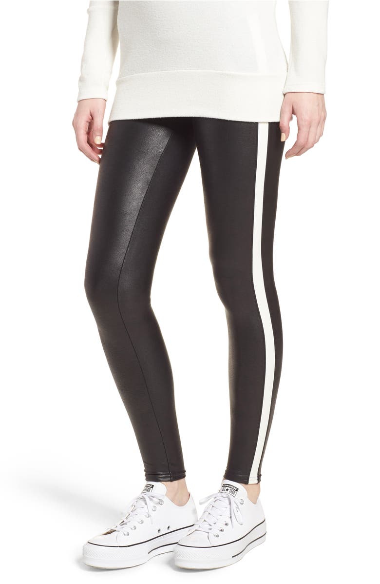 Side Stripe Faux Leather Leggings,
                        Main,
                        color, Very Black/ Wht
