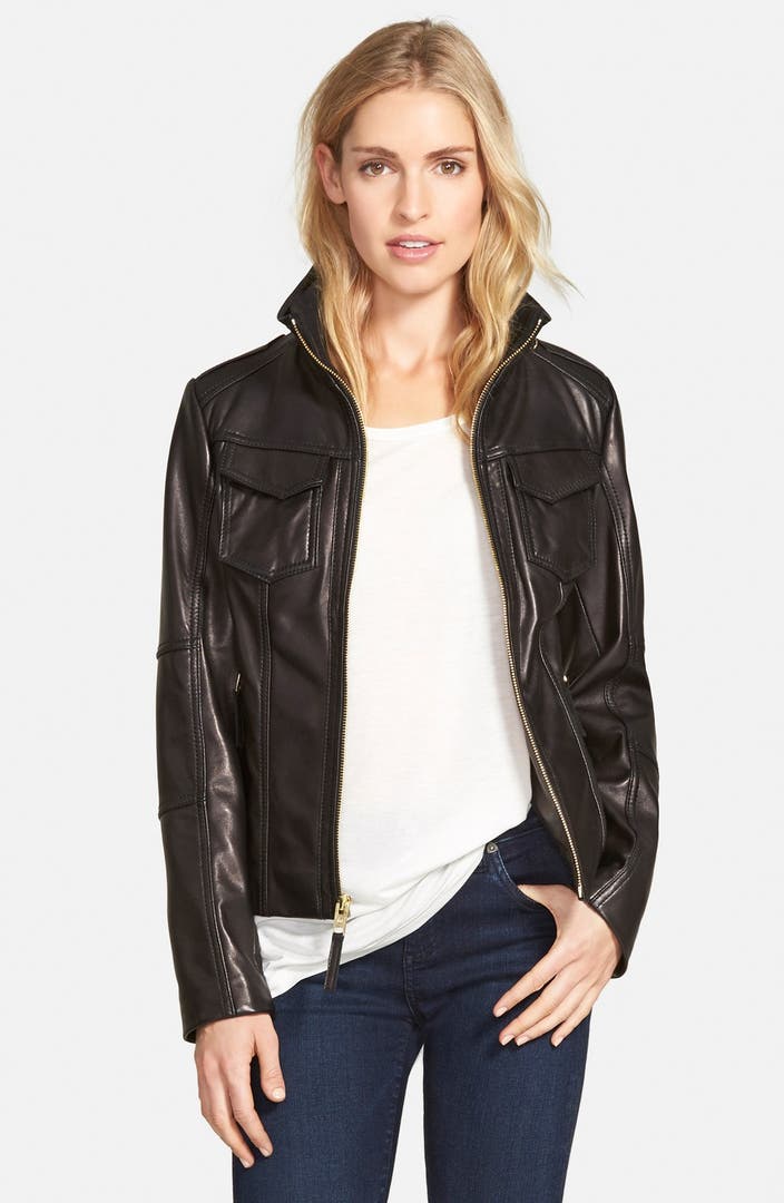 MICHAEL Michael Kors Zip Front Lambskin Leather Jacket (Regular ...