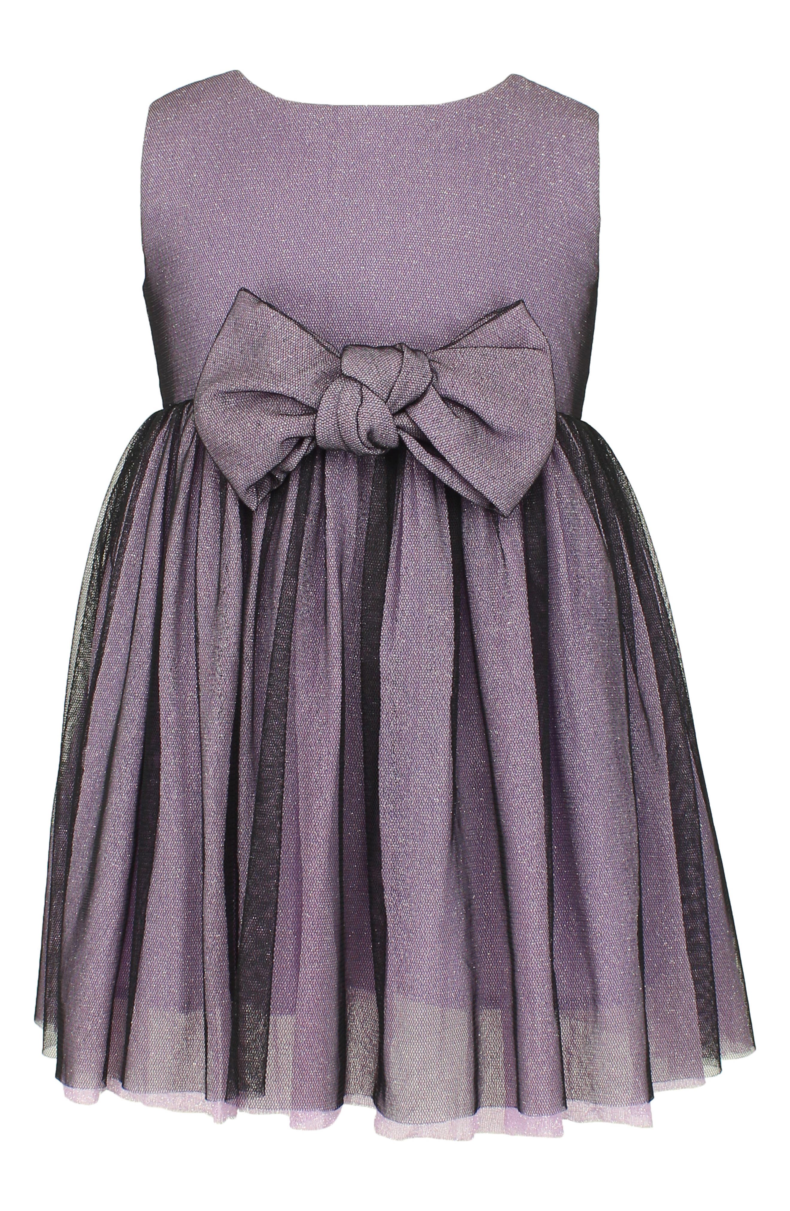 Toddler\u2019s Ruffled Bodice Dress With Gray Velvet Skirt And PurplePink Bow
