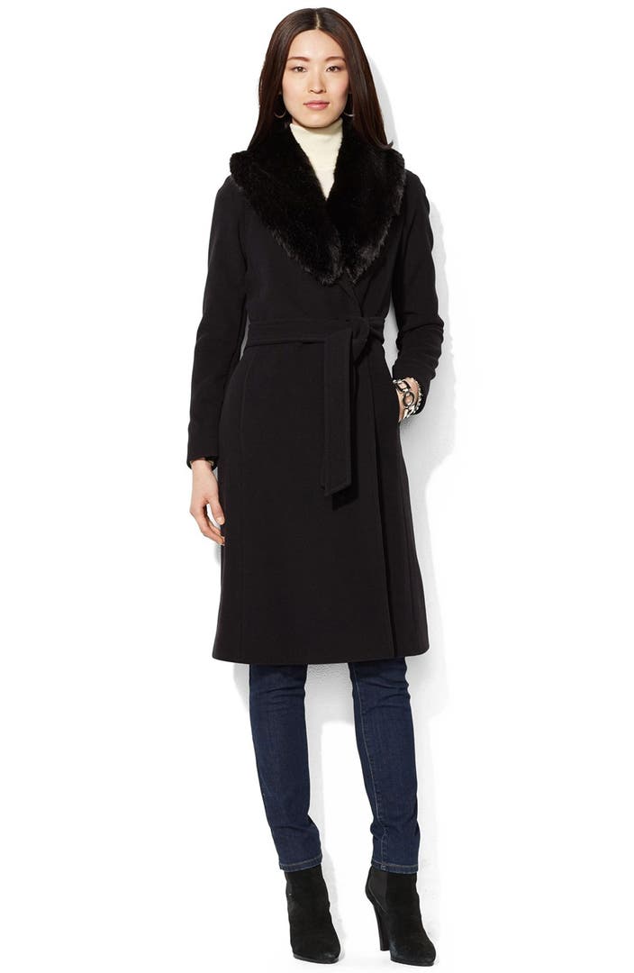 Lauren Ralph Lauren Faux Fur Collar Long Wool Blend Wrap Coat | Nordstrom