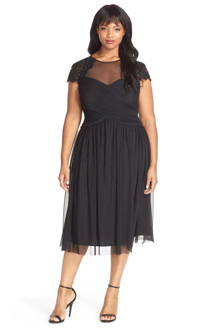 Alex Evenings Embellished Cap Sleeve Tea Length Party Dress Plus Size