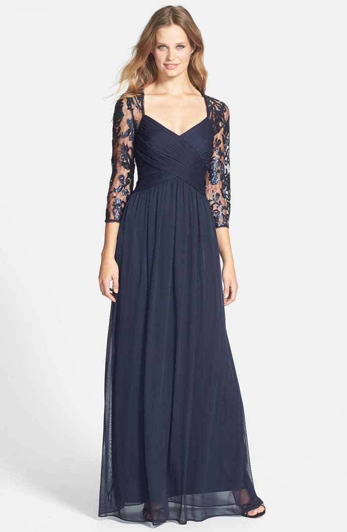 Adrianna Papell Embellished Lace Yoke Pleat Mesh Gown | Nordstrom