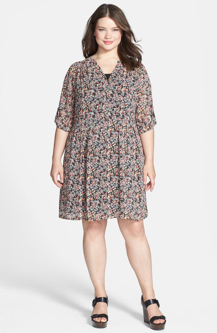 Two by Vince Camuto 'Ditsy Floral' Print Split Neck Dress (Plus Size ...