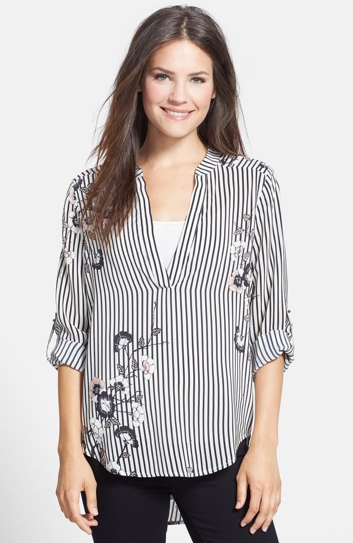 Daniel Rainn Print Open Neck Band Collar Blouse (Petite) | Nordstrom