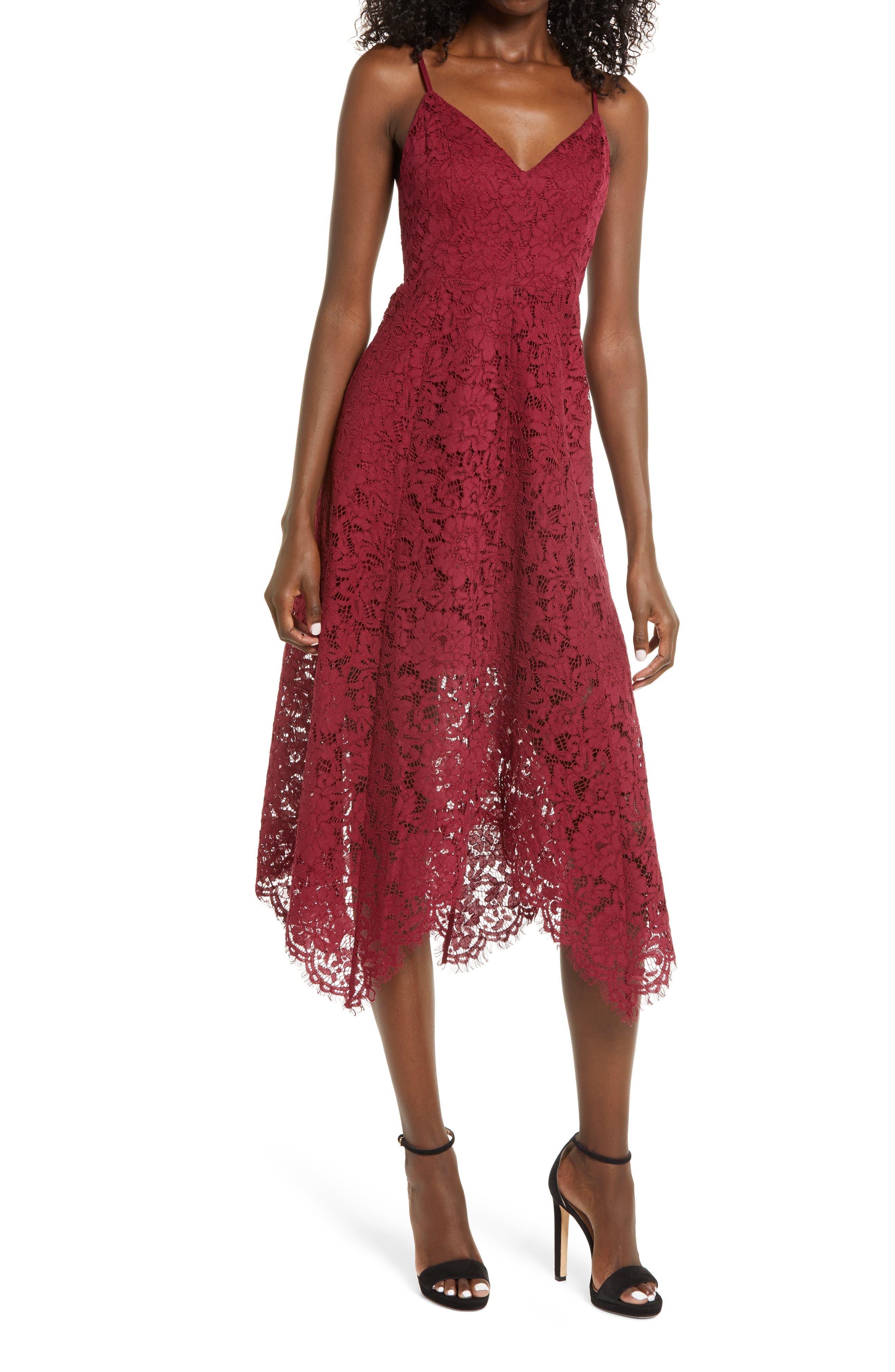 one wish burgundy lace midi dress
