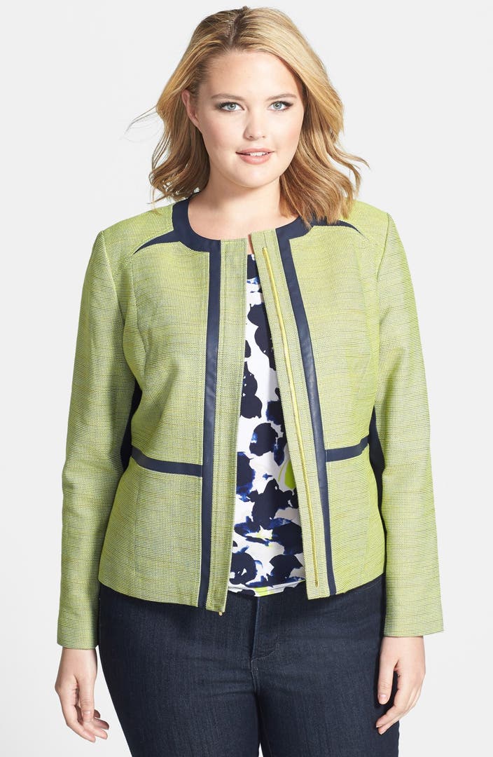 Anne Klein Leather Trim Tweed Scuba Jacket (Plus Size) | Nordstrom