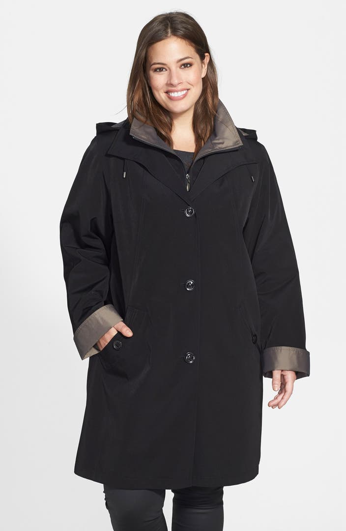 Gallery Two-Tone Raincoat with Detachable Hood & Liner (Plus Size ...