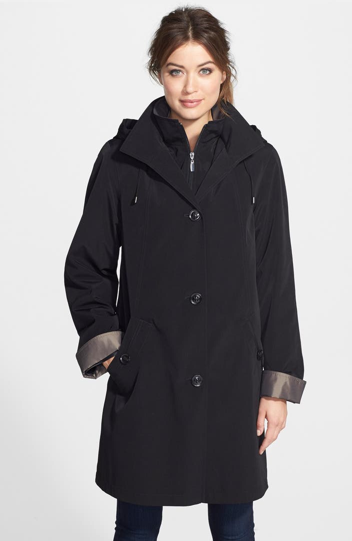 Gallery Faux Silk A-Line Walking Coat with Detachable Hood & Liner ...