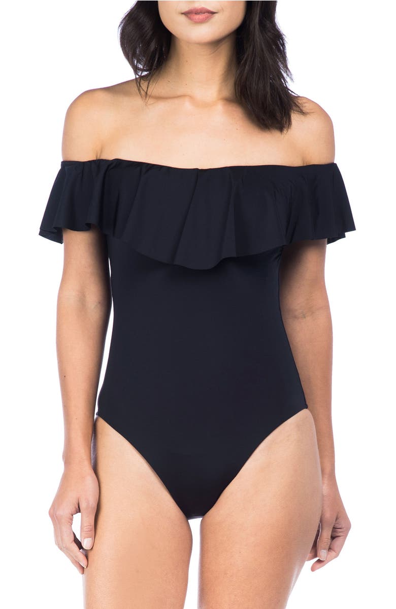 Off the Shoulder One-Piece Swimsuit,                         Main,                         color, Black