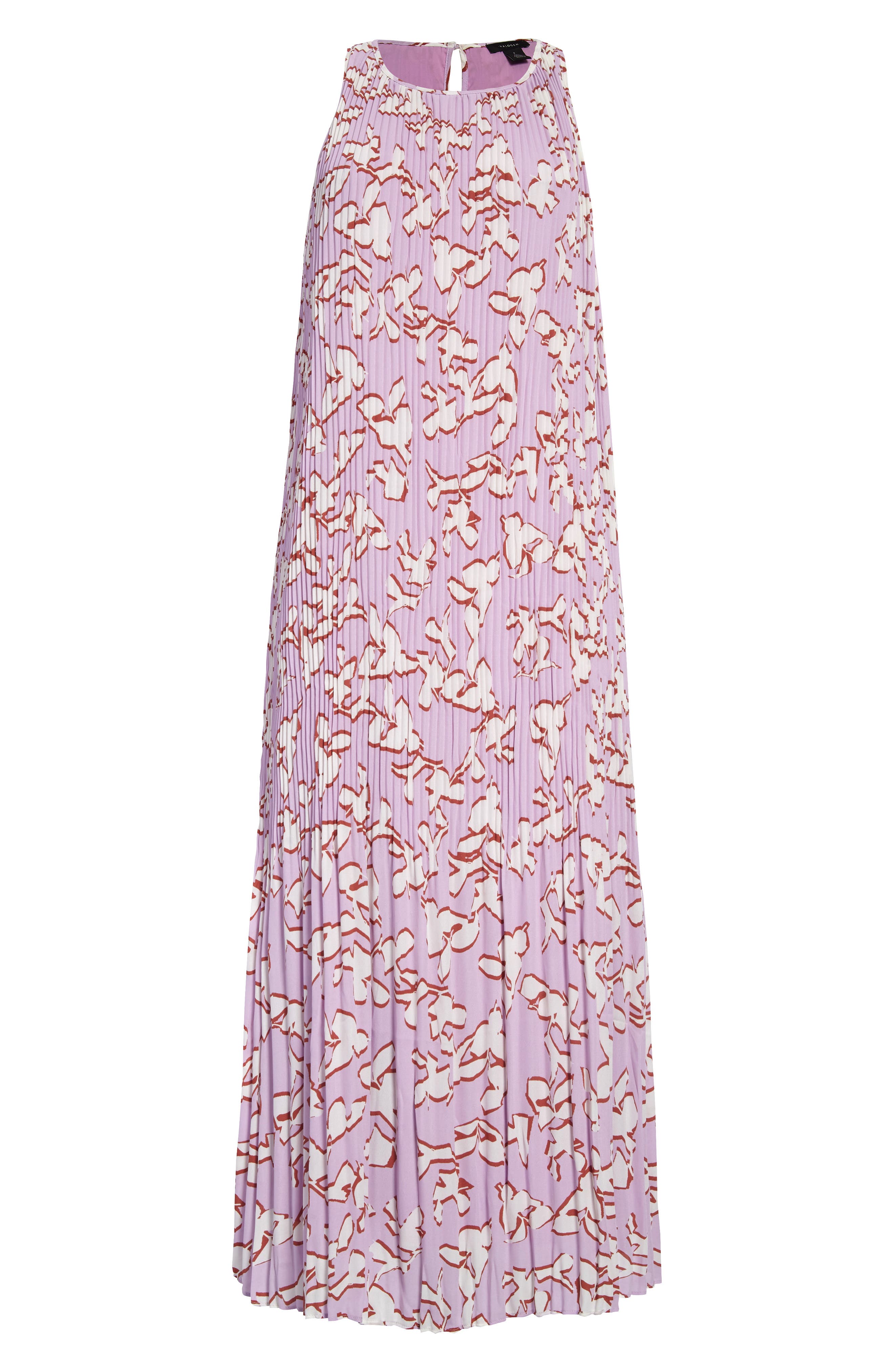 lilac floral print high frill neckline pleated dress