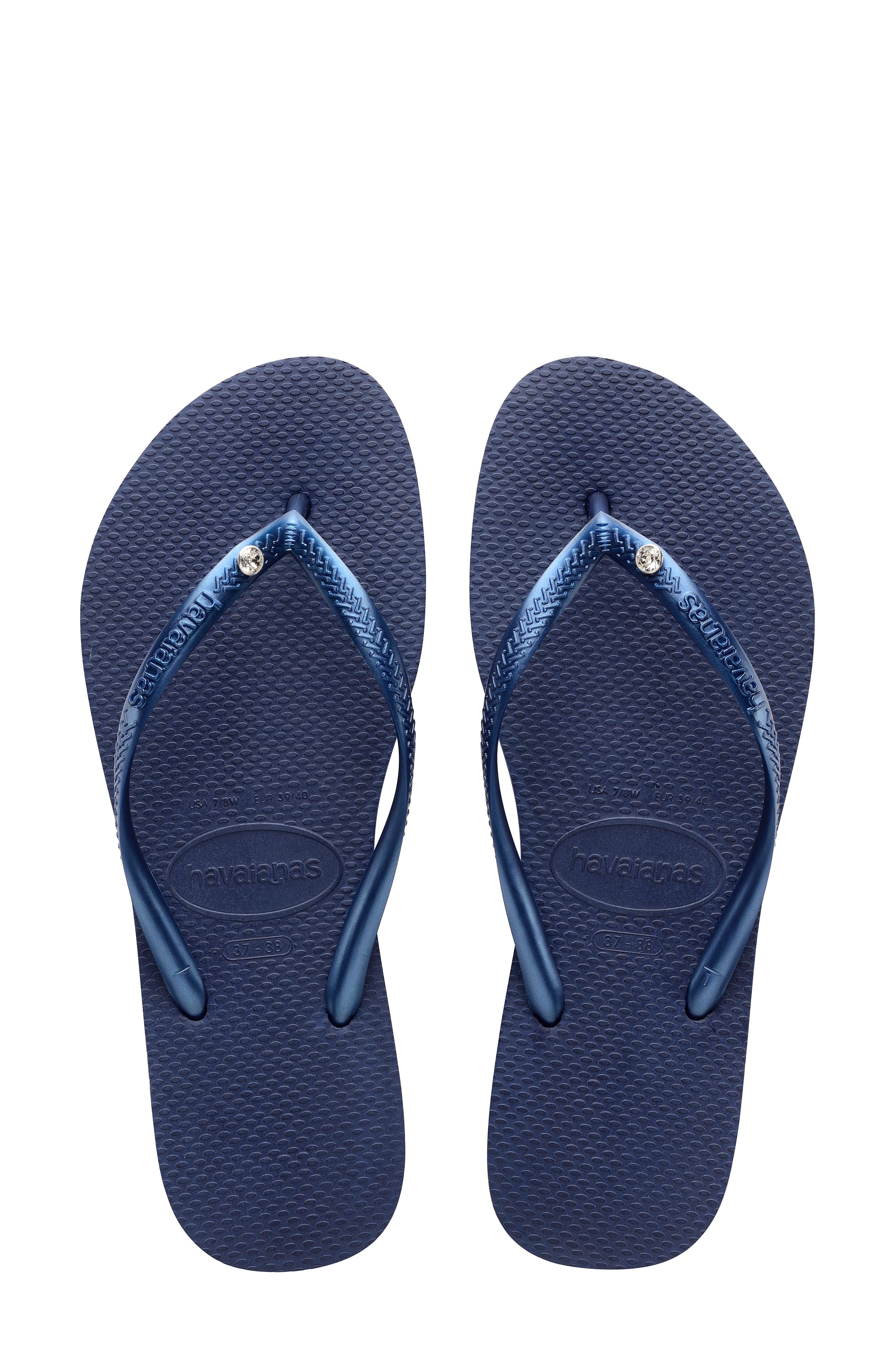 blue leather flip flops