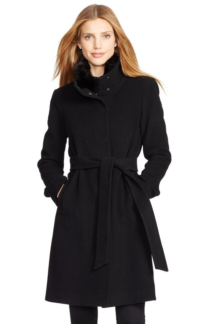 Lauren Ralph Lauren Belted Wool Blend Stand Collar Coat with Faux Fur ...