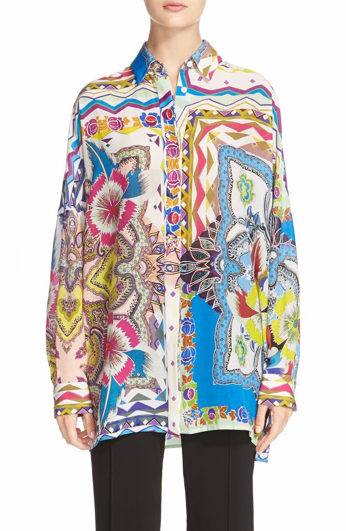 Etro 'Floral Quad' Oversized Cotton & Silk Shirt | Nordstrom