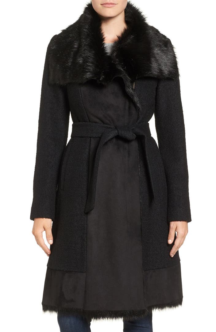 Vince Camuto Faux Shearling Trim Belted Wool Blend Long Coat | Nordstrom